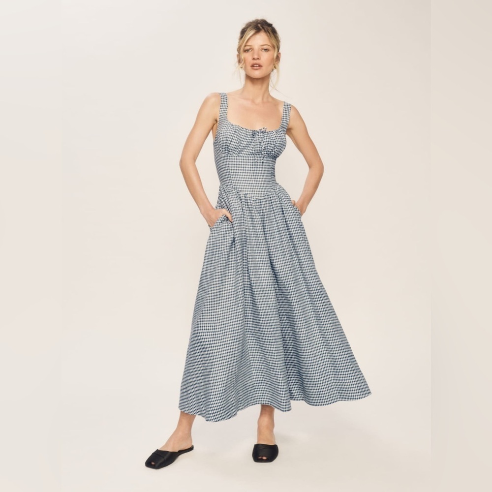 NEW Reformation Balia Midi Linen Dress Slate Check Plaid Navy White | US 2 UK 4 - Picture 5 of 15